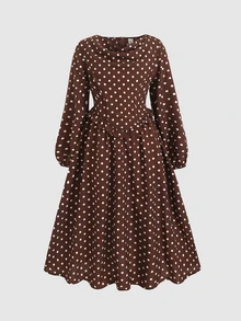 SHEIN 青少年女孩長袖波點卡其色梭織垂領優雅洋裝 - 卡其色 - 查看 2