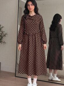 SHEIN 青少年女孩長袖波點卡其色梭織垂領優雅洋裝 - 卡其色 - 查看 1