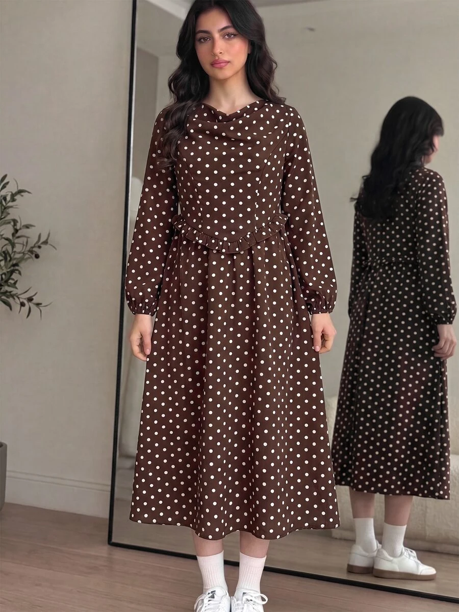 SHEIN 青少年女孩長袖波點卡其色梭織垂領優雅洋裝 - 卡其色 - 查看 1