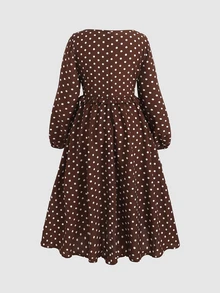 SHEIN 青少年女孩長袖波點卡其色梭織垂領優雅洋裝 - 卡其色 - 查看 3
