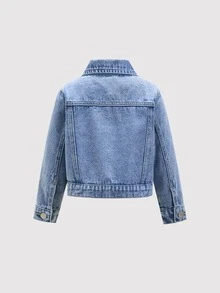 SHEIN Vintaside Kids 女童開學牛仔外套，休閒甜美蝴蝶結裝飾淺藍色女童夾克，舒適秋冬日常外套 - 中等水洗藍 - 查看 3