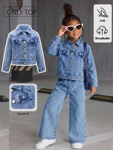 SHEIN Vintaside Kids 女童開學牛仔外套，休閒甜美蝴蝶結裝飾淺藍色女童夾克，舒適秋冬日常外套 - 中等水洗藍 - 查看 12