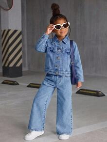SHEIN Vintaside Kids 女童開學牛仔外套，休閒甜美蝴蝶結裝飾淺藍色女童夾克，舒適秋冬日常外套 - 中等水洗藍 - 查看 9