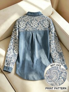 Trelyra Plus Size Women's Denim Effect Lace Long Sleeve Single-Breasted Shirt - Multicolor - View 2