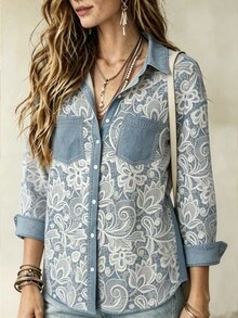 Trelyra Plus Size Women's Denim Effect Lace Long Sleeve Single-Breasted Shirt - Multicolor - View 6