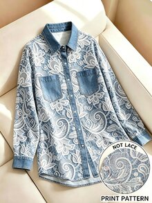 Trelyra Plus Size Women's Denim Effect Lace Long Sleeve Single-Breasted Shirt - Multicolor - View 3
