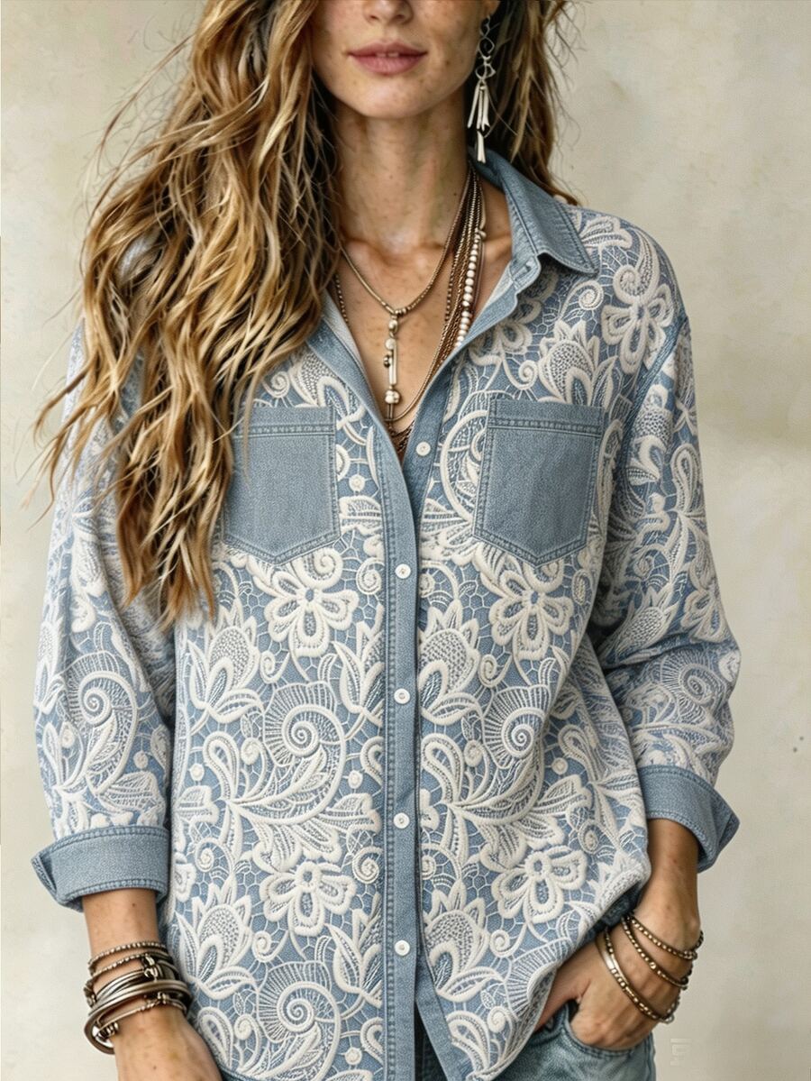 Trelyra Plus Size Women's Denim Effect Lace Long Sleeve Single-Breasted Shirt - Multicolor - View 1