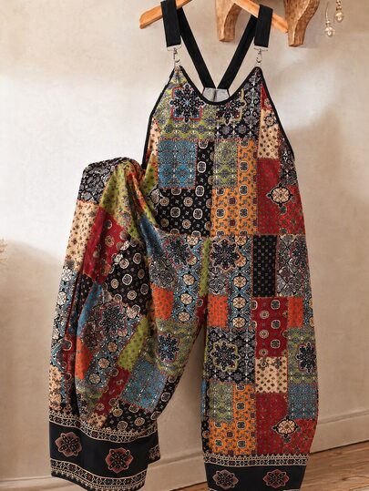 GlowEve CURVE Plus Size Women's Casual Bohemian Print Overall Jumpsuit, Suitable For Spring/Summer Vacation And Daily Wear