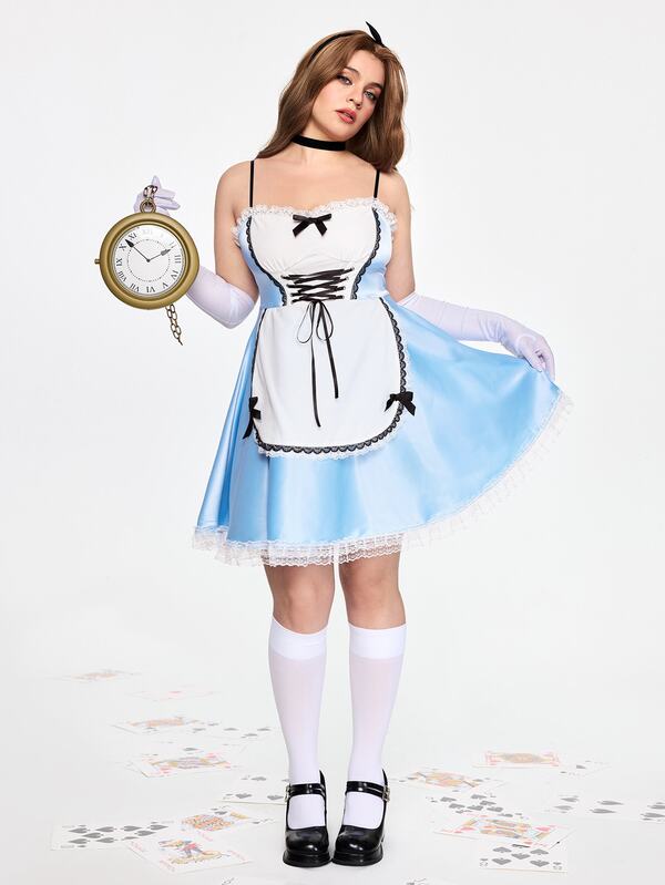 ROMWE Avant Kostum Cosplay Halloween Alice Maid, Celemek Pita Warna-warni, Gaun Pendek Tali Bahu Tipis Ukuran Besar