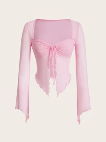 SHEIN ICON Y2k Cute Front Drawstring Sweetheart Sheer T-Shirt Festival Fall Outfits - Baby Pink - View 3