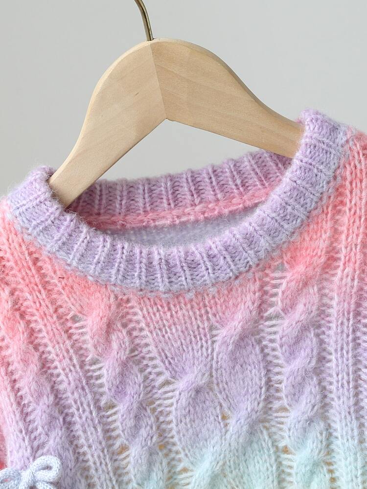 Girls' Handmade Floral Gradient Knit Sweater, Cute Casual Round Neck Lantern Sleeve Pullover Autumn Fall - Multicolor - View 3