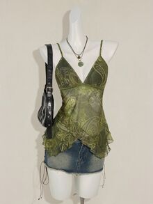 SHEIN ICON 女士度假腰果印花荷叶边吊带背心，7月4日女士可爱夏季上衣，外出上衣，绿色上衣，波西米亚风背心，头巾上衣，橄榄绿上衣，西部牛仔背心 - 軍綠色 - 查看 4
