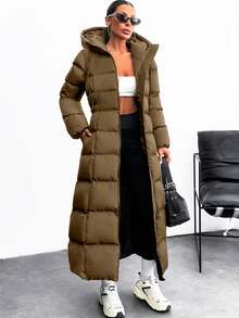 EURMUSE Iconic A Shape Silhouette Zip Up Hooded Padded Long Extra Warm Winter Coat - Brown - View 8