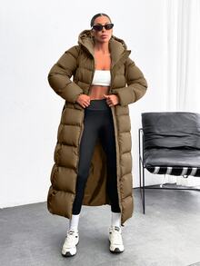 EURMUSE Iconic A Shape Silhouette Zip Up Hooded Padded Long Extra Warm Winter Coat - Brown - View 7