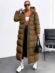EURMUSE Iconic A Shape Silhouette Zip Up Hooded Padded Long Extra Warm Winter Coat - Brown - View 5