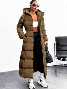 EURMUSE Iconic A Shape Silhouette Zip Up Hooded Padded Long Extra Warm Winter Coat - Brown - View 6