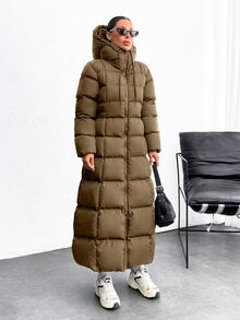 EURMUSE Iconic A Shape Silhouette Zip Up Hooded Padded Long Extra Warm Winter Coat - Brown - View 3