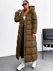 EURMUSE Iconic A Shape Silhouette Zip Up Hooded Padded Long Extra Warm Winter Coat - Brown - View 4