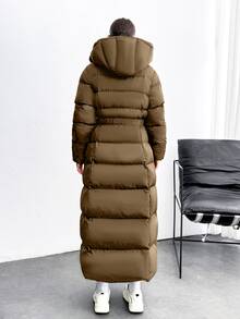 EURMUSE Iconic A Shape Silhouette Zip Up Hooded Padded Long Extra Warm Winter Coat - Brown - View 2