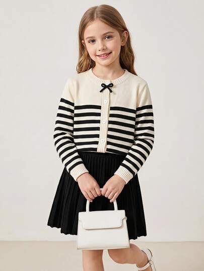 SHEIN Girls Khaki Striped Bow Knit Cardigan & Black Skirt Two Piece Set, Long Sleeve Fall Outfit, Sweet Academy Style, Back To School, Christmas Halloween