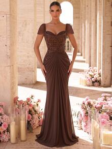 Aureia Women's Elegant Elastic Knit Mesh Dress With Fishtail Hem, Suitable For Formal Weddings - Coffee Brown - View 6
