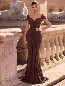 Aureia Women's Elegant Elastic Knit Mesh Dress With Fishtail Hem, Suitable For Formal Weddings - Coffee Brown - View 9
