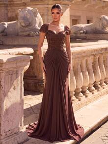 Aureia Women's Elegant Elastic Knit Mesh Dress With Fishtail Hem, Suitable For Formal Weddings - Coffee Brown - View 10