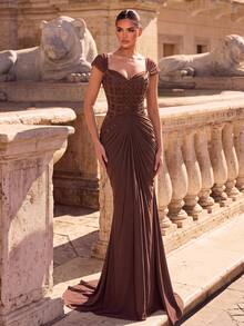 Aureia Women's Elegant Elastic Knit Mesh Dress With Fishtail Hem, Suitable For Formal Weddings - Coffee Brown - View 8
