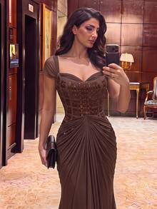 Aureia Women's Elegant Elastic Knit Mesh Dress With Fishtail Hem, Suitable For Formal Weddings - Coffee Brown - View 2