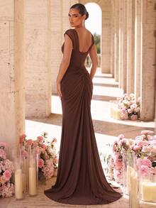 Aureia Women's Elegant Elastic Knit Mesh Dress With Fishtail Hem, Suitable For Formal Weddings - Coffee Brown - View 7