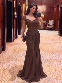 Aureia Women's Elegant Elastic Knit Mesh Dress With Fishtail Hem, Suitable For Formal Weddings - Coffee Brown - View 3