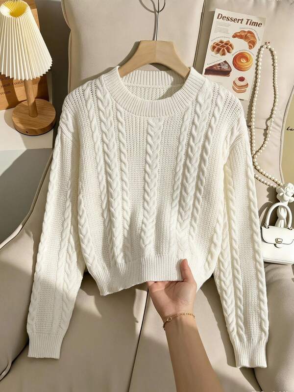 SHEIN Girls White Cable Knit Sweater, Casual Stylish Pullover Long Sleeve Top, Soft Fall Winter, Back To School Christmas Halloween Daily Travel Wear