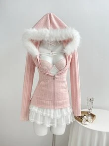 Elamini Fuzzy Trim Zip Up Hooded Coat - Pink - View 6