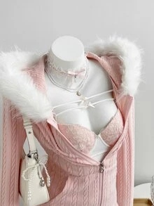 Elamini Fuzzy Trim Zip Up Hooded Coat - Pink - View 5