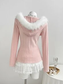 Elamini Fuzzy Trim Zip Up Hooded Coat - Pink - View 2