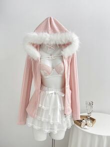 Elamini Fuzzy Trim Zip Up Hooded Coat - Pink - View 7