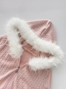Elamini Fuzzy Trim Zip Up Hooded Coat - Pink - View 4