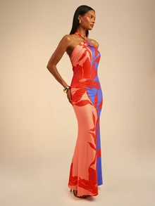 Dancing Leopard Red And Blue Floral Halterneck Maxi Dress, Wedding Guest Occasion Wear - Multicolor - View 4