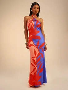 Dancing Leopard Red And Blue Floral Halterneck Maxi Dress, Wedding Guest Occasion Wear - Multicolor - View 3