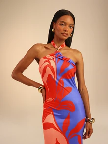 Dancing Leopard Red And Blue Floral Halterneck Maxi Dress, Wedding Guest Occasion Wear - Multicolor - View 5