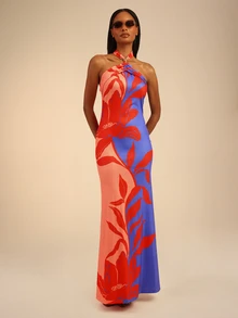 Dancing Leopard Red And Blue Floral Halterneck Maxi Dress, Wedding Guest Occasion Wear - Multicolor - View 7