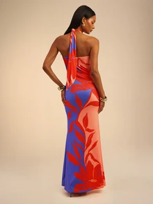 Dancing Leopard Red And Blue Floral Halterneck Maxi Dress, Wedding Guest Occasion Wear - Multicolor - View 2