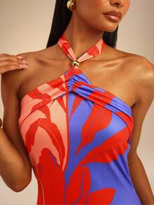 Dancing Leopard Red And Blue Floral Halterneck Maxi Dress, Wedding Guest Occasion Wear - Multicolor - View 6