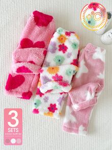 SHEIN Playful Pals 3件組女嬰毛絨加厚長褲，甜美粉色愛心花朵蝴蝶結印花，鬆緊腰，冬季保暖，公主風可愛女孩子生日派對下身褲 - 彩色 - 查看 3