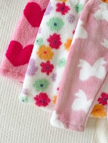 SHEIN Playful Pals 3件組女嬰毛絨加厚長褲，甜美粉色愛心花朵蝴蝶結印花，鬆緊腰，冬季保暖，公主風可愛女孩子生日派對下身褲 - 彩色 - 查看 4
