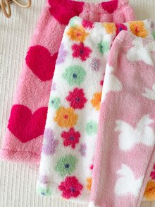 SHEIN Playful Pals 3件組女嬰毛絨加厚長褲，甜美粉色愛心花朵蝴蝶結印花，鬆緊腰，冬季保暖，公主風可愛女孩子生日派對下身褲 - 彩色 - 查看 7