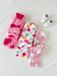 SHEIN Playful Pals 3件組女嬰毛絨加厚長褲，甜美粉色愛心花朵蝴蝶結印花，鬆緊腰，冬季保暖，公主風可愛女孩子生日派對下身褲 - 彩色 - 查看 6