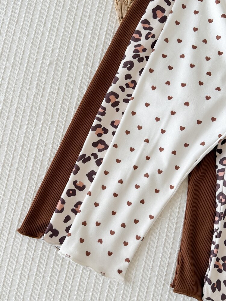 SHEIN Playful Pals 3PCS Celana Legging Bergaris untuk Bayi Perempuan, Lucu, Manis, Cokelat Putih, Motif Leopard, Selada, Trim Hati, Sedang, Kasual, Musim Gugur, Nyaman, Putri, Feminin, Model Flare, Ramping - MultiWarna - View 5