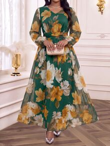 Fleurora Gaun A-Line Plus-Size Elegan dan Mistis Bertema Bunga Romantis dari Chiffon dengan Lengan Panjang untuk Liburan Musim Gugur, Pesta Pernikahan, dan Acara Malam, Warna Hijau Tua - MultiWarna - View 5