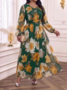 Fleurora Gaun A-Line Plus-Size Elegan dan Mistis Bertema Bunga Romantis dari Chiffon dengan Lengan Panjang untuk Liburan Musim Gugur, Pesta Pernikahan, dan Acara Malam, Warna Hijau Tua - MultiWarna - View 6